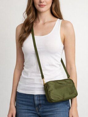 Olive Green Nylon Mini Shoulder Bag Double Zip Gold Hardware NWOT